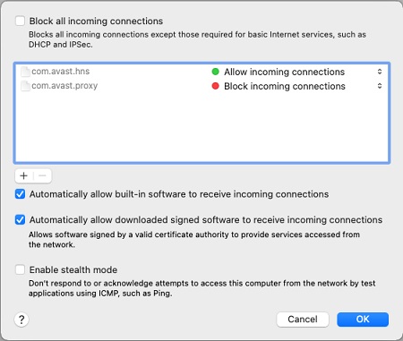 Firewall options for incoming connections